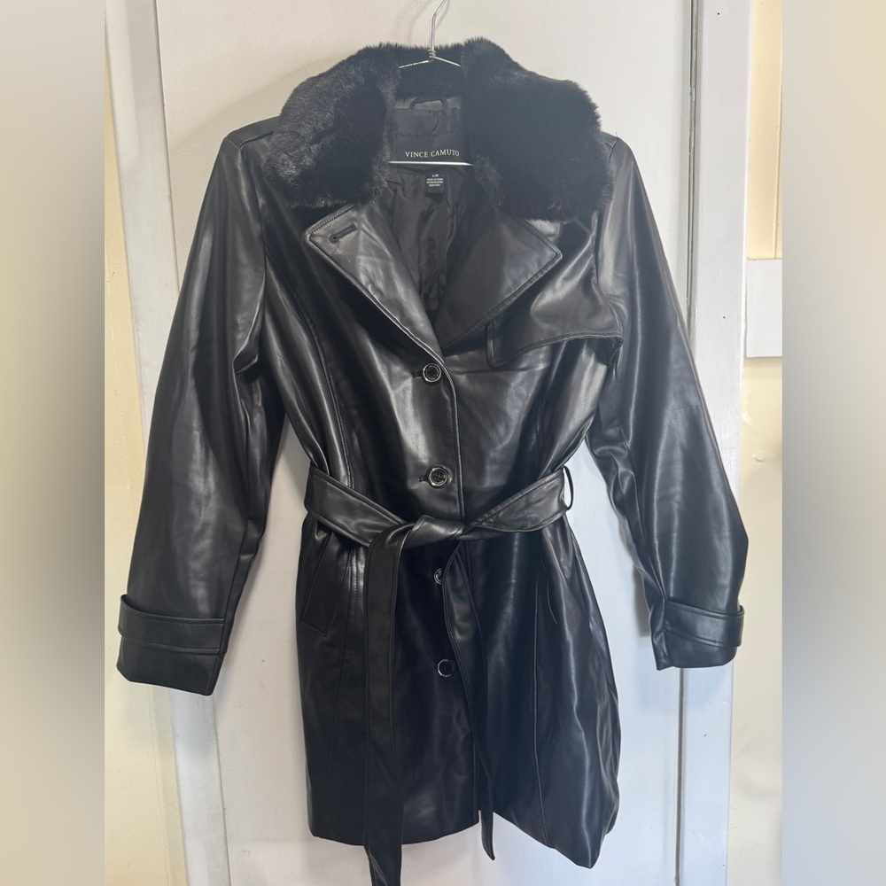 Vince Camuto Black Leather Trench Jacket with Belt